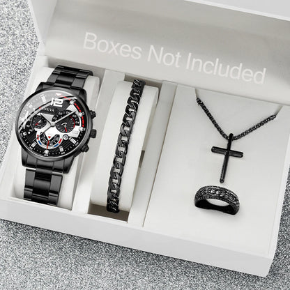 4PCS Men Business Watches Fashion Steel Band Analog Male's Quartz Watch Jewelry Set Relogio Masculino Clock Gift（Without Box）
