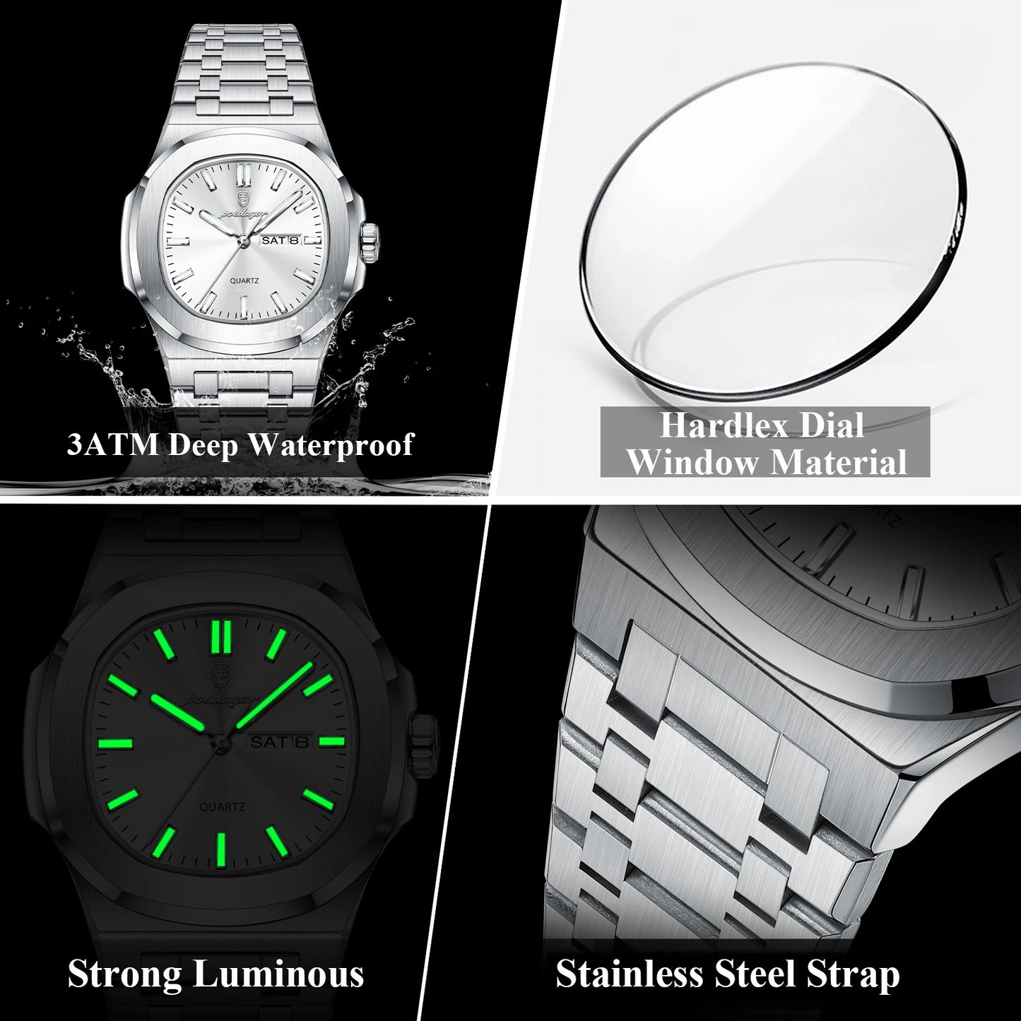 POEDAGAR Classic Square Men Wristwatch Waterproof Luminous Date Week Casual Man Clock Stainless Steel Men's Quartz Watches Reloj