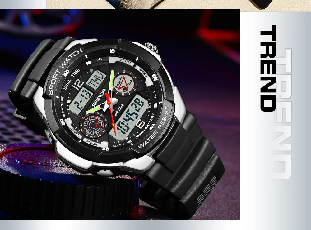 SANDA 6197 Top Class Men's Korean Student Electronic Watch Sports Multi functional Alarm Clock Waterproof Men's Watches 2024