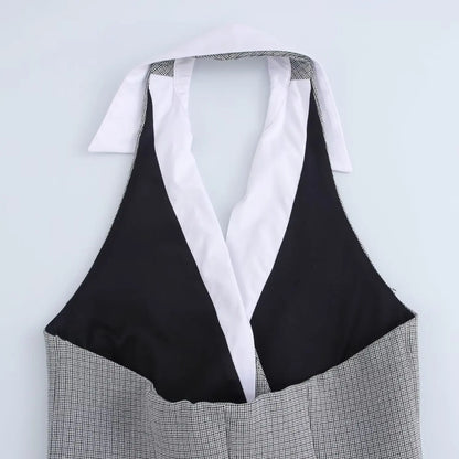 HH Female Sexy Mini Dress Grey Turn-Down Collar Sleeveless Backless Double Breasted Summer A-Line Dresses Woman New Trendy