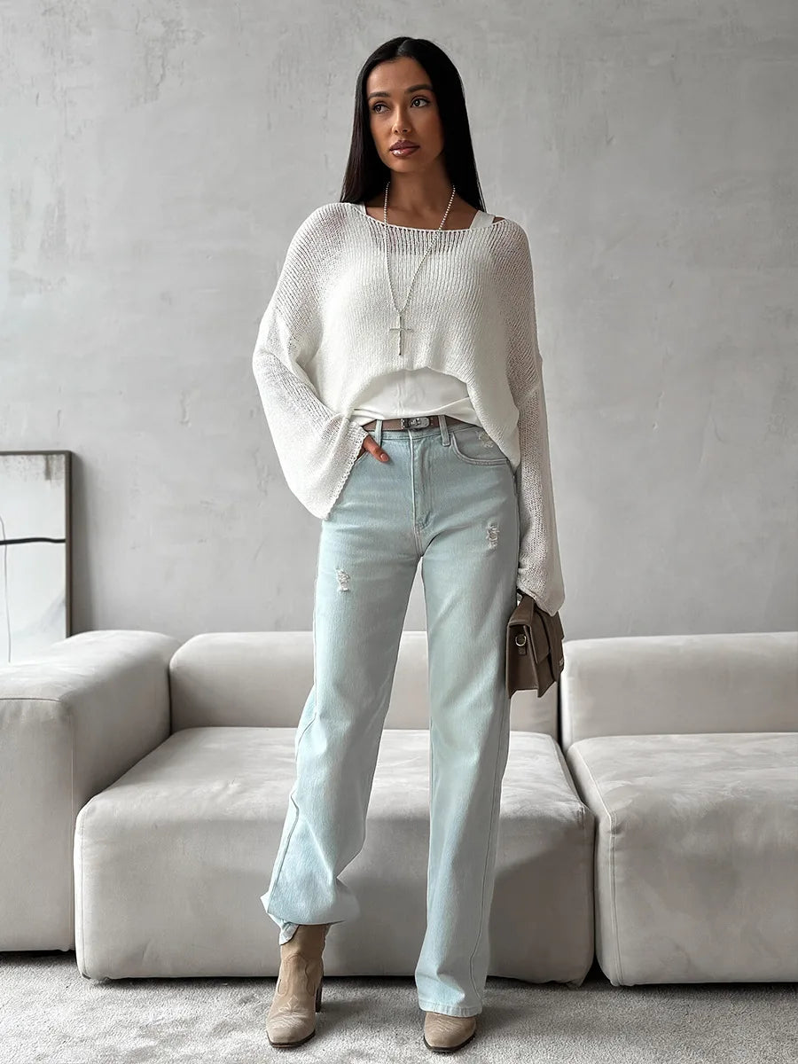Bornladies Simple Solid Color Long Sleeved Sweater Women's Spring Knitted Hollow Top Loose Versatile Casual Sweater Pullovers