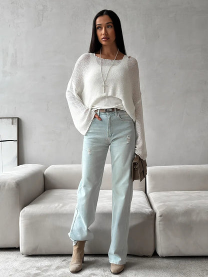 Bornladies Simple Solid Color Long Sleeved Sweater Women's Spring Knitted Hollow Top Loose Versatile Casual Sweater Pullovers