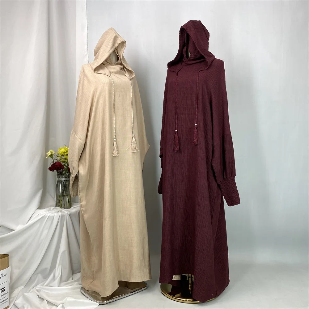 Hot Seller Ramadan Islamic Clothing Wrinkle Polyester Hoodie Abaya Dress With Undercap Muslim Women Abaya Hoodie Causal Dresses