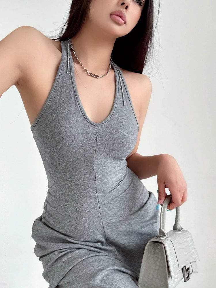 Racerback Tank Top Dresses Chest Large Waist Fold Black Sexy Dress Elegant For Women Fashion Sexy Women Robe 2024 New 4BMV