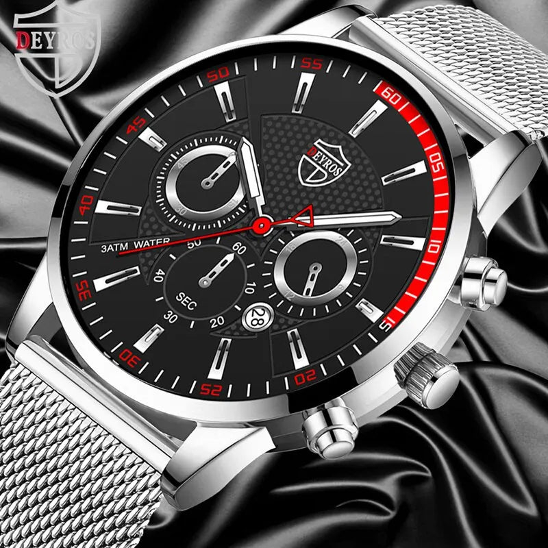 Mens Fashion Sports Watches Men Business Casual Quartz Wrist Watch Luxury Silvery Mesh Belt Watch