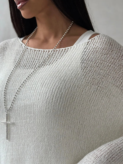 Bornladies Simple Solid Color Long Sleeved Sweater Women's Spring Knitted Hollow Top Loose Versatile Casual Sweater Pullovers