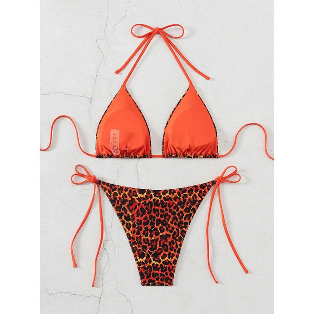 Sexy Leopard Print Two Piece Swimsuit Set Triangle Bra Suspender Halter Backless Bikini Set Beach Vacation Lace-up Swimwear 2025