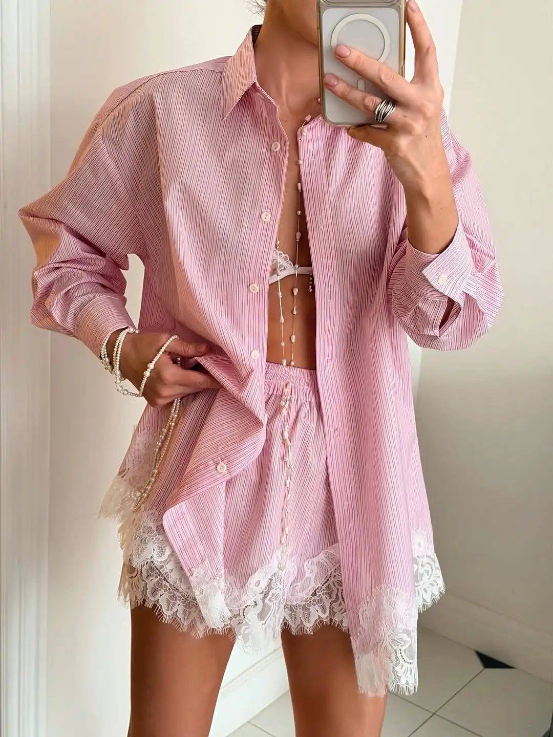 Solid Lapel Lace Patchwork Half Sleeve Shorts Set Women Chic Single Breasted Tops Pockets Pants Suits 2026 Daily Street Outfits