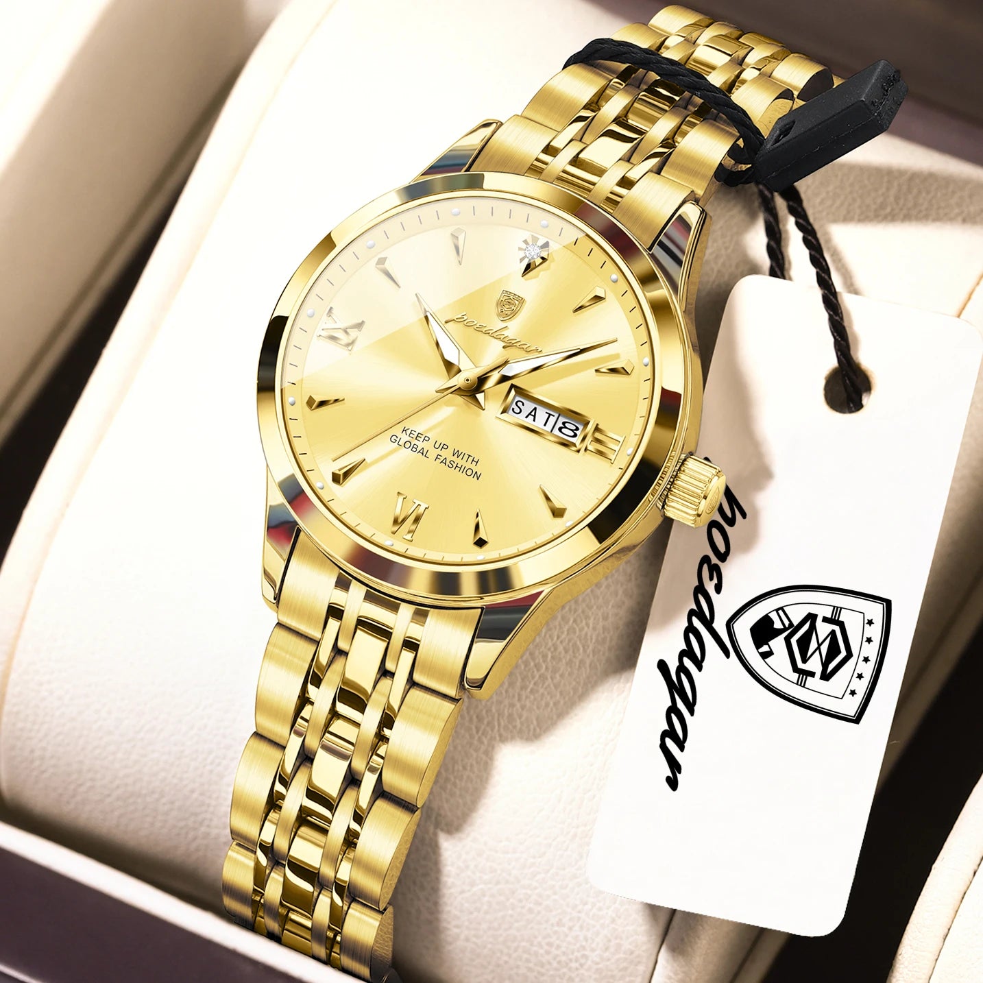 POEDAGAR Elegant Woman Watch Waterproof Luminous Date Week Ladies Wristwatch Stainless Steel Quartz Fashion Women's Watches Gift