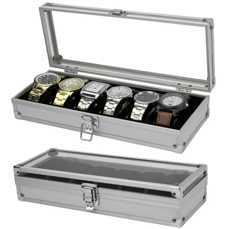 VANSIHO  Aluminum Watches 6/10/12 Grids Suitcase With Glass Window Watch Storage Aluminum Case  Watch Box Organizer For Men