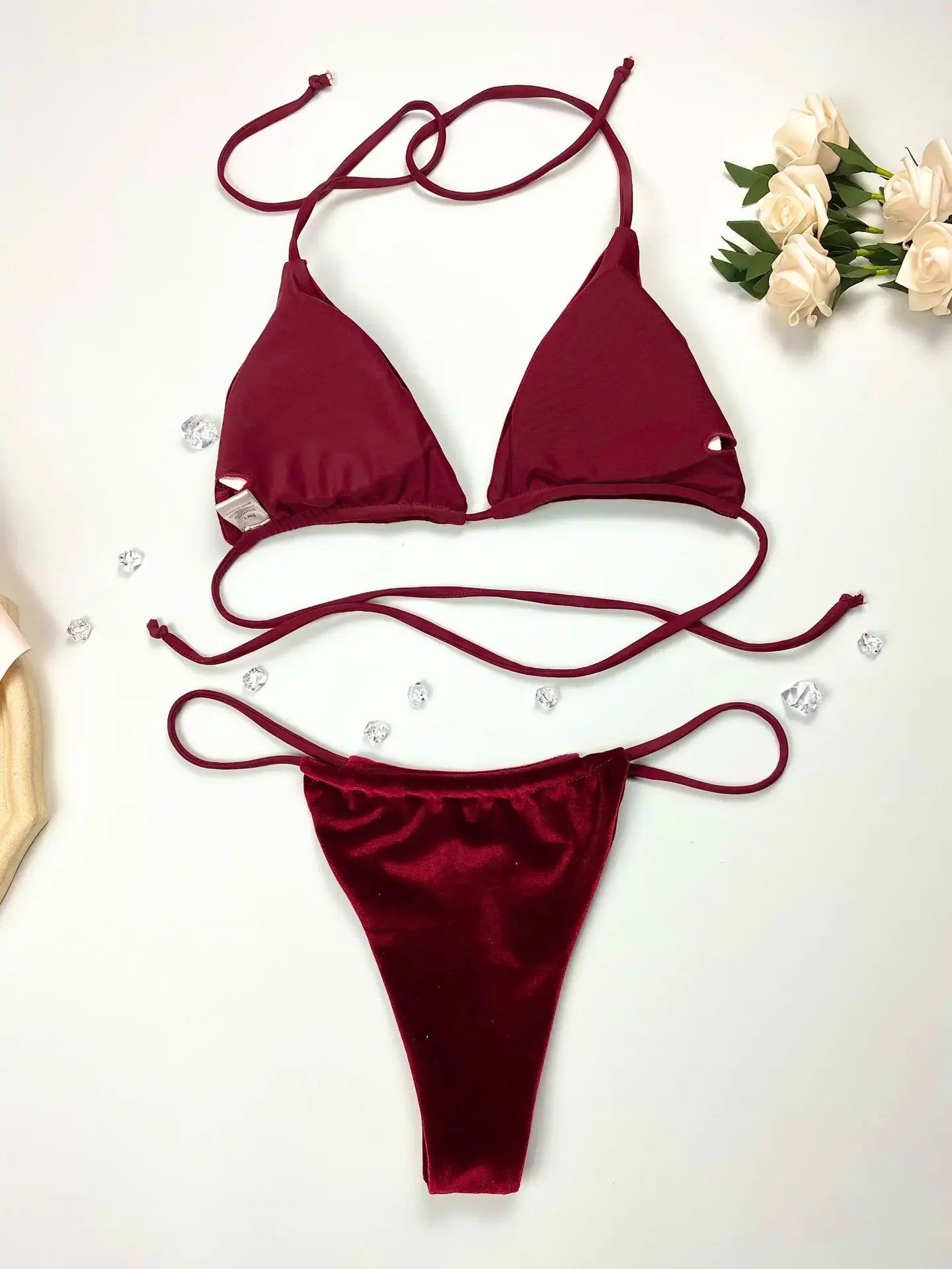 Sexy Velvet Swimsuit for Women, Micro Bikini Set, Thong Swim Suit, 2 Piece Bathing Suit for Ladies, Green String Bikini, 2022