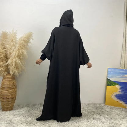 Hot Seller Ramadan Islamic Clothing Wrinkle Polyester Hoodie Abaya Dress With Undercap Muslim Women Abaya Hoodie Causal Dresses