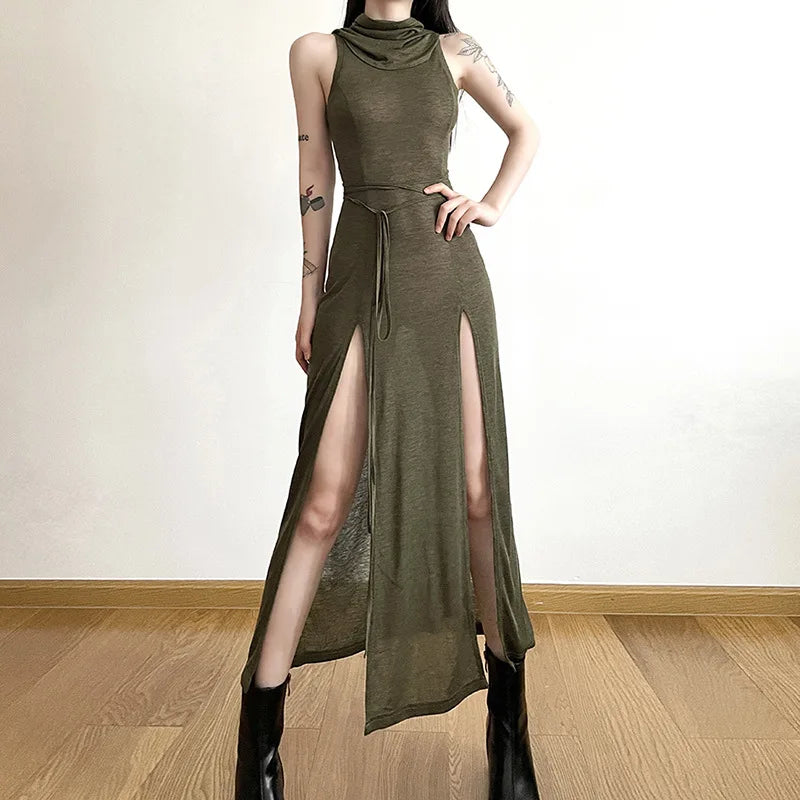 Gothic Ruffles Mesh Sleeveless Midi Hooded Dress Summer Beach Y2K Sexy Split Party Dresses Club Fashion High Street Outfits