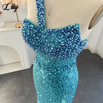Lily Blue Gorgeous Rhinestones Prom Dresses One Shoulder Sleeveless Evening Dress Pearls Sequins Mermaid Party Gowns Customized