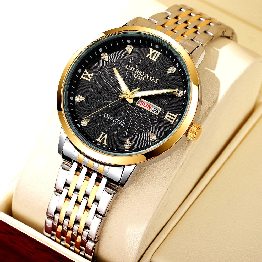 CHRONOS Mens Watch Waterproof Stainless Steel Business Men Wrist Watches with Calendar Auto Date Quartz Classic Office Timepiece