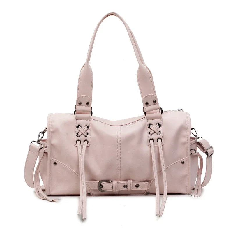 Retro Motorcycle Handbag Women Horizontal Tote Storage Tassel Design Pillow Shoulder Bag Trendy Large Capacity Soft Underarm Bag