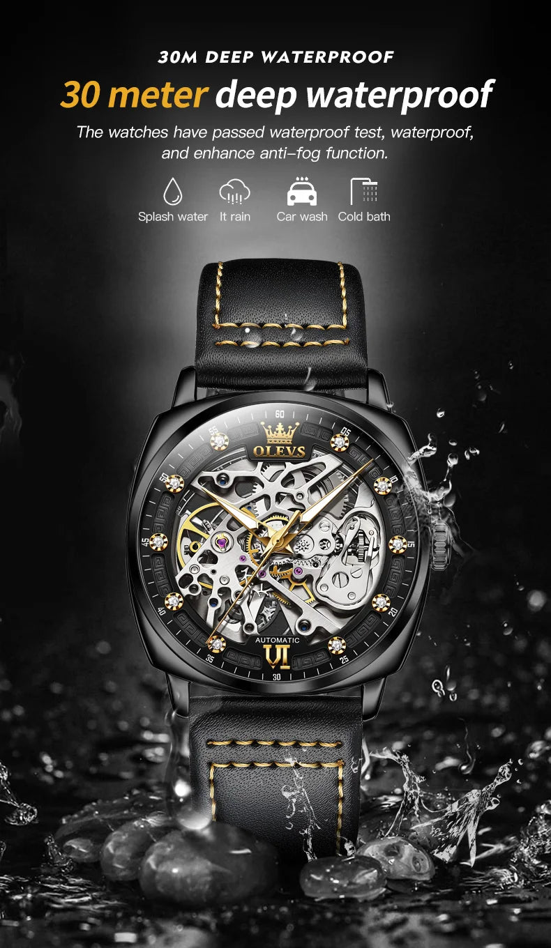 OLEVS 6651 Transparent Hollow Automatic Watches for Men Leather Strap Tonneau PUNK Style Mechanical Writwatch Luxury Man Watch