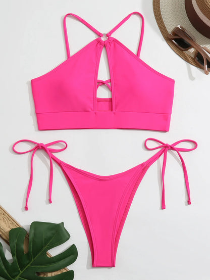 2025 Sexy Orange Bikini Hollow Out Push Up Two-Piece Swimsuit Women Halter Bandage Backless Thong Swimwear Summer Beachwear New