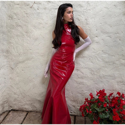 Sexy Turtleneck Leather Long Dresses 2026 Spring New Ladies Slim Sleeveless Bodycon Dress Women's Solid Nightclub Party Gowns