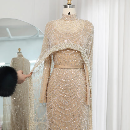 Sharon Said Luxury Pearls Dubai Champagne Evening Dresses with Cape New Arabic Women Mermaid Wedding Party Prom Dress SS369