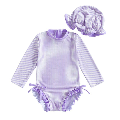 MISOWMNJOY Infant Baby Girls Summer Swimsuit with Hat Toddler Striped Long Sleeve Zipper Bathing Suit Children Beach Swimwear