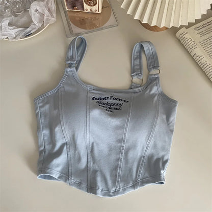 Fashion Embroid Letter Print Crop Tops Women Summer Sexy Streetwear Short Tops Suspenders Sports Tank Top Gym Solid Slim Vest