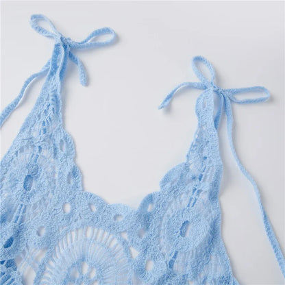 hirigin Sexy Women Crochet Swimsuit Coverups Slim U Neck Hollow Out Sleeveless Irregular Hem Mini Summer Beach Dress
