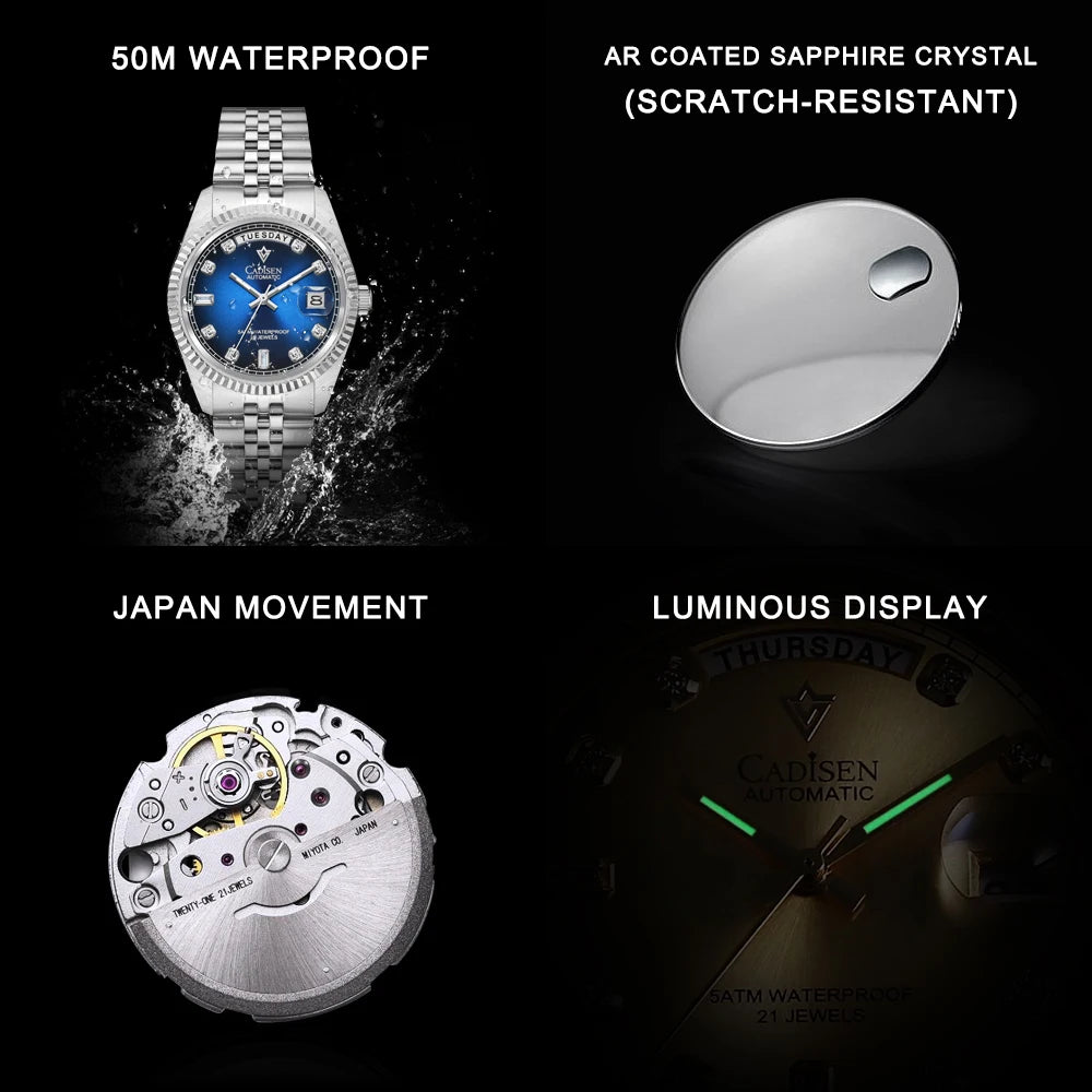 2024 New CADISEN Top Brand 38mm Men's Automatic Mechanical Watches luxury Sapphire Stainless Steel Men watch reloj hombre 5 bar