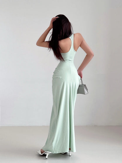 Racerback Tank Top Dresses Chest Large Waist Fold Black Sexy Dress Elegant For Women Fashion Sexy Women Robe 2024 New 4BMV