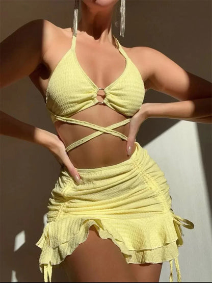 Sexy Yellow Bikini Women Solid Halter Ring Linked Criss Cross Cover Up 3 Piece Swimsuit 2026 Bathing Suit Ruffles Skirt Swimwear