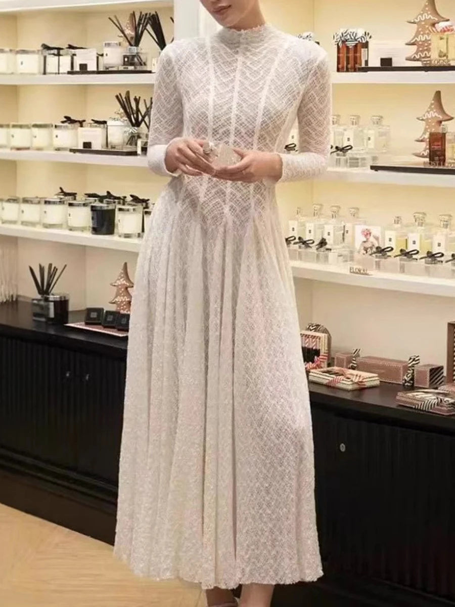TWOTWINSTYLE Hollow Out Mesh Long Dress for Women Stand Collar Slimming Long Sleeve High Waist Chic Pleated Dresses Female New