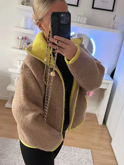 Fashion Contrasting Knitted Cardigan for Women Elegant Long Sleeve Pockets Zipper Sweater 2026 Spring Street Lady Chic Outwear