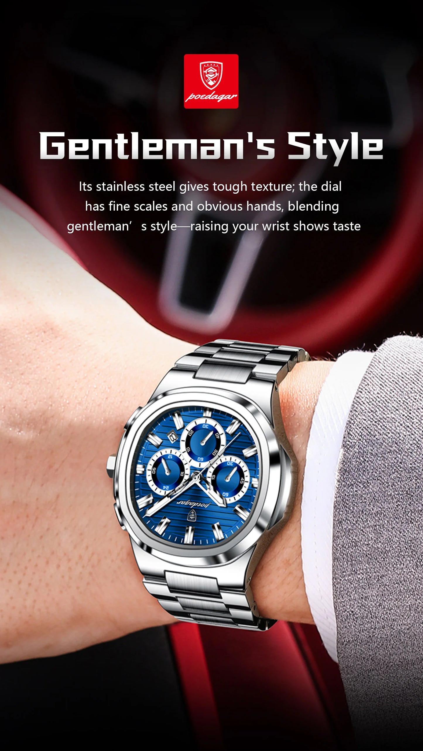 POEDAGAR Business Male Clock Date Chronograph Waterproof Luminous Luxury Men Watch Stainless Steel Quartz Fashion Men's Watches