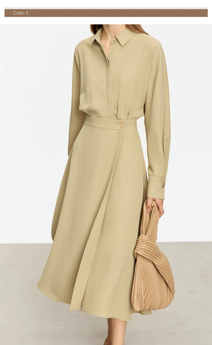 AMII Minimalist French Long-sleeve Shirt Dress for Women 2024 Autumn New A-line Office Lady Solid Midi Dresses Vestidos 12343290