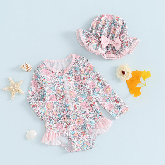MISOWMNJOY Ruffle Floral Print Baby Girls Beachwear Summer Rash Guard Swimsuit Long Sleeve Bathing Suit Infant Swimwear with Hat