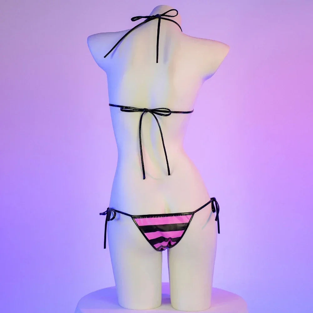 Summer PU Leather Micro Bikini Set Women Swimsuit Stripes Bright Anime Swimwear Erotic Underwear Sexy Lingerie Costume