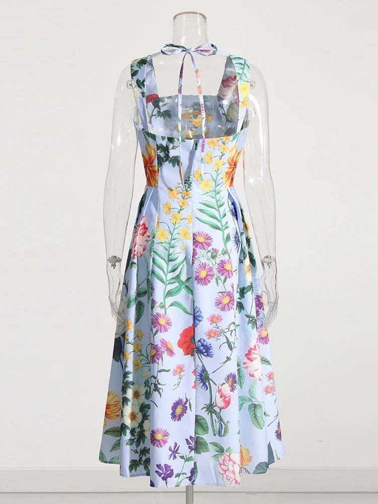 TWOTWINSTYLE Summer Loose Dress For Women Square Collar Sleeveless High Waist Print Colorblock Midi Dresses Female Clothing 2022