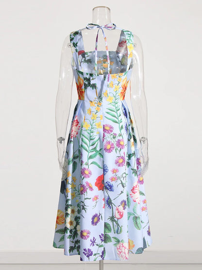 TWOTWINSTYLE Summer Loose Dress For Women Square Collar Sleeveless High Waist Print Colorblock Midi Dresses Female Clothing 2022
