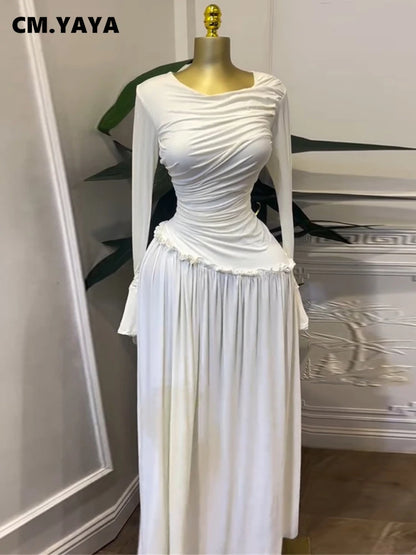 CM.YAYA Women Full Sleeve O-neck Elegant Long Dress Edible Tree Fungus Sweet Holiday Beach Evening Sexy Party Dresses Vestidos