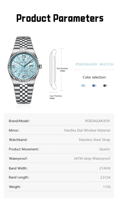 POEDAGAR Fashion Exquisite Men Wristwatches Waterproof Luminous Date Luxury Man Watch Stainless Steel Quartz Men's Watches Reloj