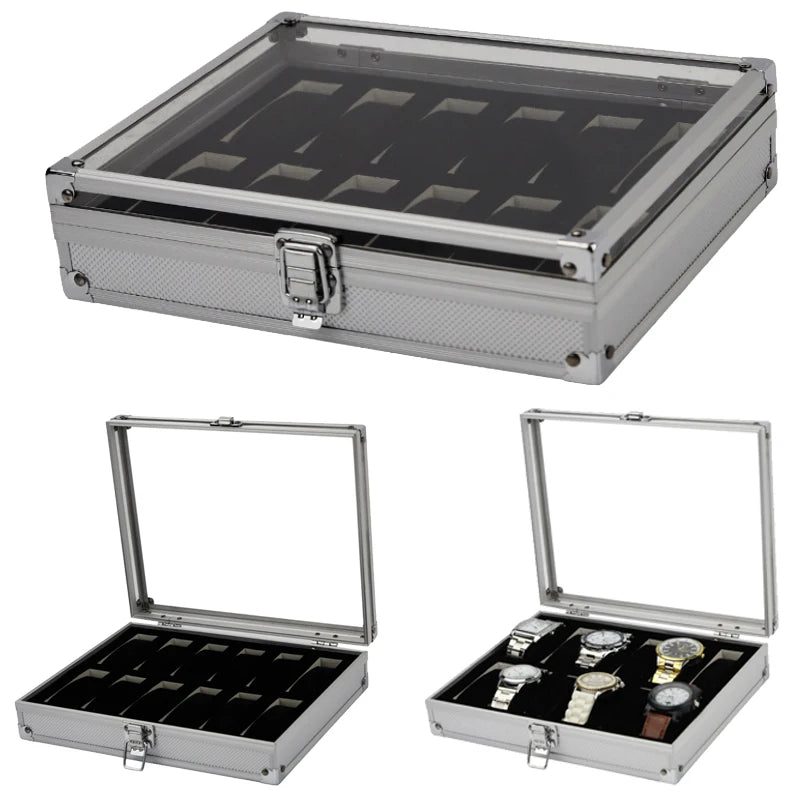 VANSIHO  Aluminum Watches 6/10/12 Grids Suitcase With Glass Window Watch Storage Aluminum Case  Watch Box Organizer For Men