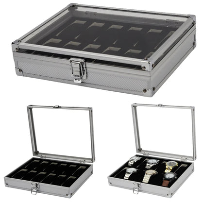 VANSIHO  Aluminum Watches 6/10/12 Grids Suitcase With Glass Window Watch Storage Aluminum Case  Watch Box Organizer For Men