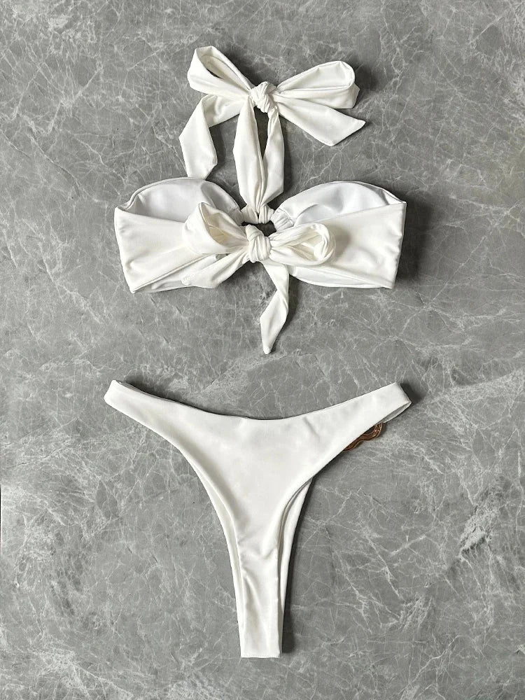 2024 New Sexy Push Up Low Waisted Bikini Set Swimsuit Swimwear Women Strappy Solid White Halter Beachwear Bathing Suit biquini