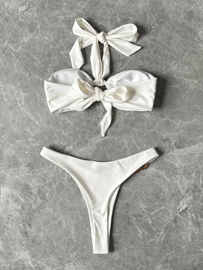 2024 New Sexy Push Up Low Waisted Bikini Set Swimsuit Swimwear Women Strappy Solid White Halter Beachwear Bathing Suit biquini