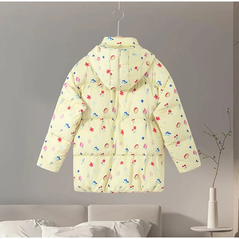 Printed Hooded Puffy Cotton Jacket Women Stand Collar Long Sleeve Zipper Loose Padded Coats 2025 Winter Lady Warm Outwear Street
