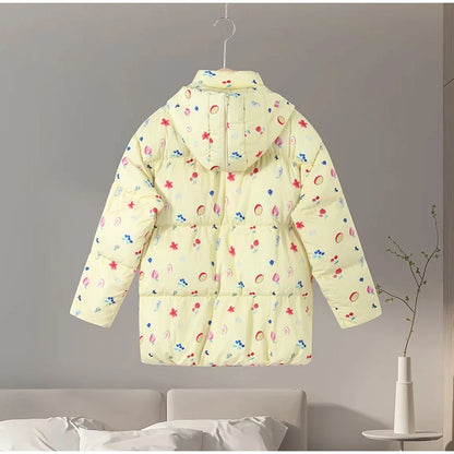 Printed Hooded Puffy Cotton Jacket Women Stand Collar Long Sleeve Zipper Loose Padded Coats 2025 Winter Lady Warm Outwear Street