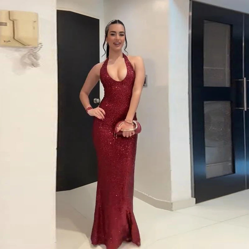 Sexy Shiny Sequined Mesh Club Evening Party Dresses Women 2026 Summer Autumn Sleeveless Backless Bodycon Maxi Long Dress