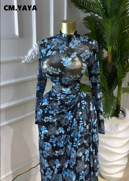 CM.YAYA Women Floral Print O-neck Ruched Bodycon Long Maxi Dress 2026 summer Evening Birthday Club Party Vestidos Sexy Dresses