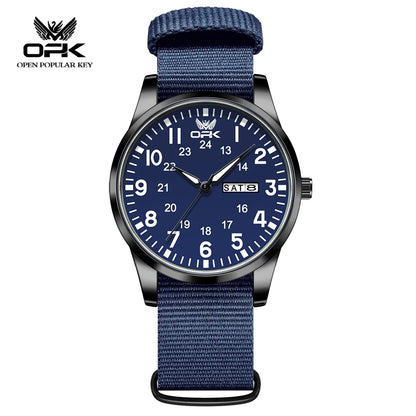 OPK 6090 Quartz Watches for Man Fashion Casual Nylon Webbing Watchband Dual Calendar Waterproof Luminous Men's Sports Watches