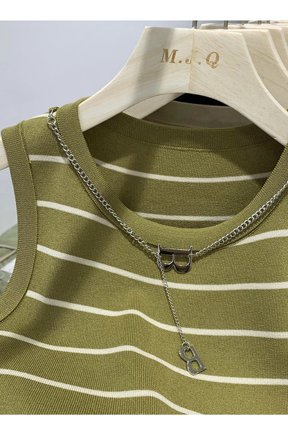 AOSSVIAO 2026 New Waistcoat Women Wear Striped Wide Edge Temperament Summer Top Short Knit Sleeveless Bottom Shirt